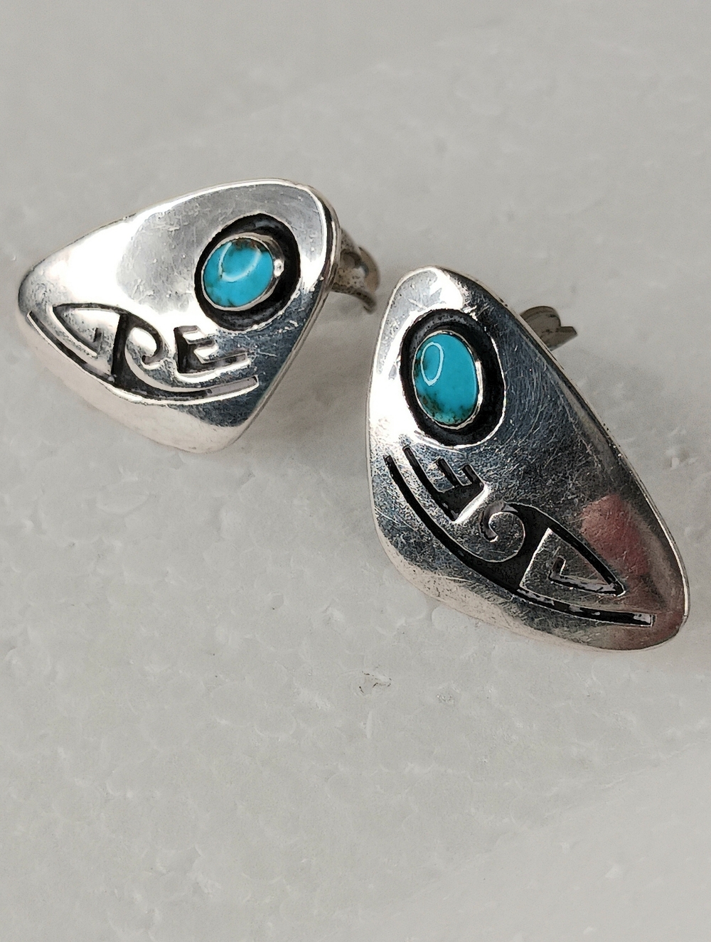 Earrings Clip On Vintage Navajo Sterling Turquoise Elongated Shadowbox Symbols - Picture 5 of 12